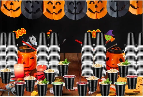 Vista 5 de 120 piezas Vasos de Chupito Negros de Plástico Negro Vasos de Chupito de 2 oz Vasos de chupito de Halloween desechables para beber Degustaciones