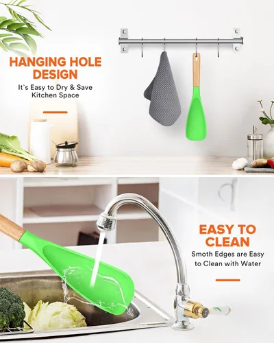 Vista 7 de Cuchara de cocina para utensilios de cocina antiadherentes, ideal para cocinar y servir silicona mate resistente sin BPA, cuchara con mango de Verde