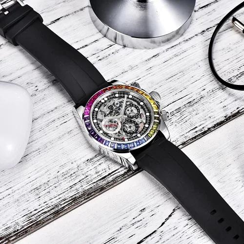 Vista 5 de Pagani Design Relojes mecánicos automáticos de lujo para hombre, esfera de esqueleto, acero inoxidable, bisel de arco iris, correa de goma, 328.1