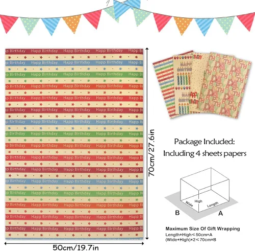 Vista 2 de Papel de regalo colorido de estraza para hombres, mujeres, niños, niñas, niños, 4 hojas en 4 diseños plegados planos de 20 x 28 pulgadas por hoja