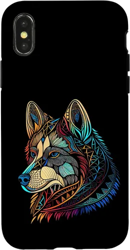 Vista 4 de iPhone 14 Flor Floral Lindo Perro Cara Cabeza Colorida Mandala - Estuche Husky
