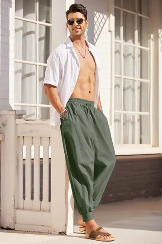 Vista 4 de COOFANDY Pantalones de harén hippie para hombre, holgados, de lino, bohemio, para yoga, casual, con entrepierna caída, pantalones