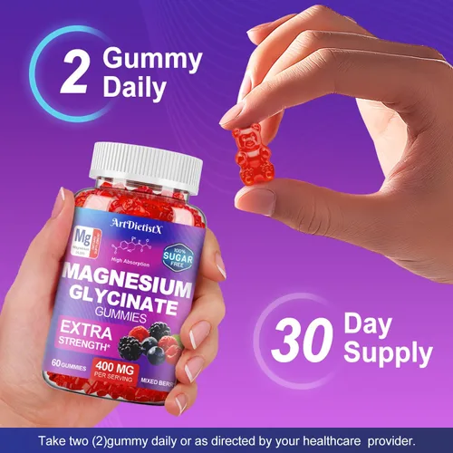 Vista 6 de Gomitas de glicinato de magnesio 400mg, gomitas de magnesio sin azúcar para adultos con malato de magnesio, zinc y vitamina B6 para dormir, apoyo