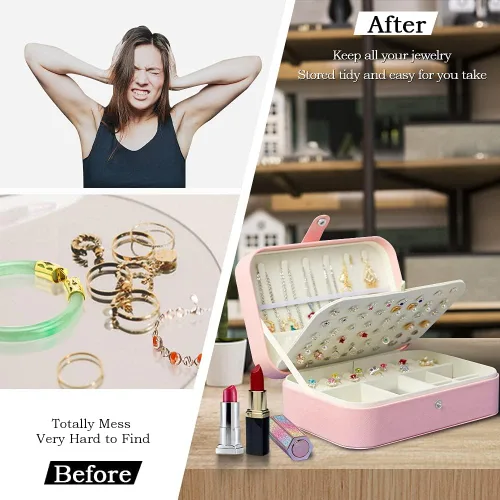 Vista 6 de XMJXBOX Caja organizadora de joyas de 3 capas de piel sintética para mujeres, niñas, estuche de almacenamiento impermeable para collares, anillos