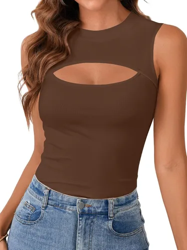 Vista 12 de Vrtige Camiseta sin mangas sexy con cuello redondo para mujer, de punto acanalado, sin mangas, ajustada