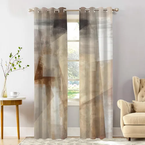 Vista 192 de Shrahala Beige and Orange Abstract Art Brushstrokes Blackout Curtain Tiers, Abstract Oil Paint Kitchen Valance Light Blocking Tier Drapes with Rod