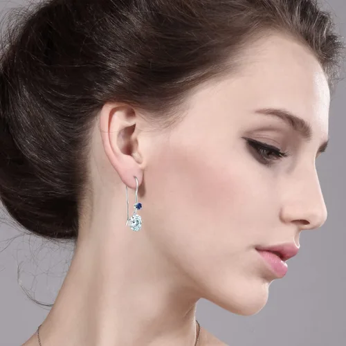 Vista 2 de Gem Stone King Aretes colgantes ovalados de oro blanco de 14 quilates, azul cielo, aguamarina y zafiro creado de 0.96 quilates, Gema Metal Piedra