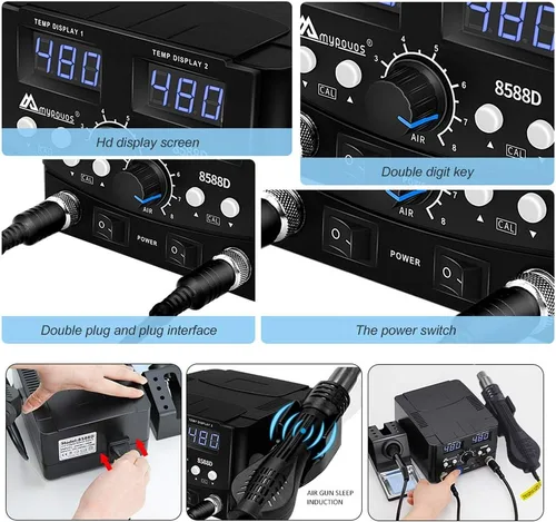Vista 3 de Estación de soldadura LED digital 2 en 1 de 750 W con pistola de aire caliente para estación de reprocesado, soldador eléctrico para soldadura