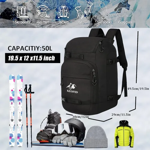 Vista 5 de KEOFID 50L Ski Boot Bag Backpack, Waterproof Ski Bag, Travel Backpack for Ski Helmet, Snowboard