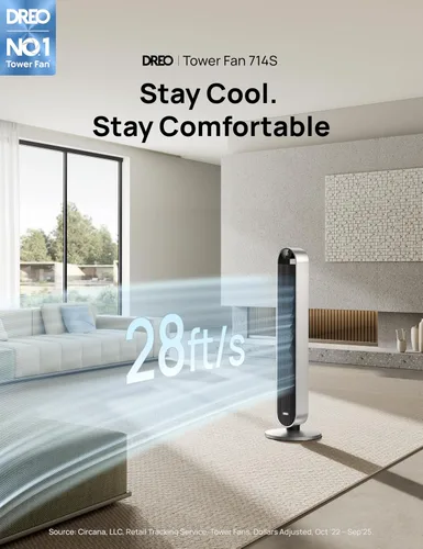 Vista 2 de DREO Ventilador de torre inteligente para dormitorio, ventilador oscilante Plata