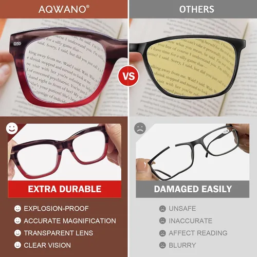 Vista 6 de AQWANO Oversized Design Reading Glasses Women/Men, Computer Blue Light Blocking Square Readers