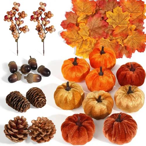 Vista 7 de Artmag - 51 piezas de calabazas artificiales, decoración de cosecha de otoño con bellotas, piñas, bayas, hojas de arce para decoración otoñal