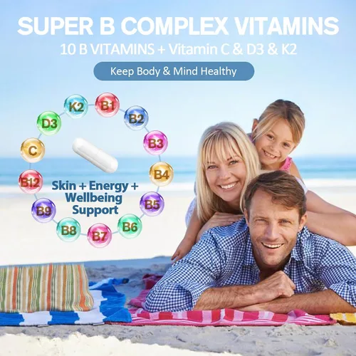 Vista 7 de Complejo de Vitamina B Plus 13 en 1 con Vitamina B1, B2, B3 (Niacina), B4, B5, B6, B7 (Biotina), B8 (Inositol), B9 (Ácido Fólico), B12, C, D3, K2