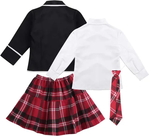 Vista 4 de inlzdz Conjunto de uniforme escolar coreano japonés británico para niñas y niñas, de manga larga con corbata de camisa, minifalda