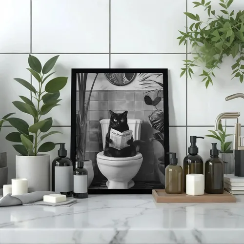 Vista 5 de SYWENNOI Arte de Pared en Lienzo Enmarcado en Blanco y Negro para Baño, Divertido Gato Negro Sentado en el Inodoro Leyendo Periódico Decoración