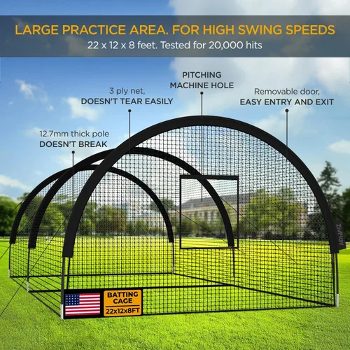 Vista 2 de ZivPlay Jaula de bateo de béisbol, jaulas de bateo para patio trasero, jaula portátil desplegable para béisbol y softbol de 22 x 12 x 8 pies