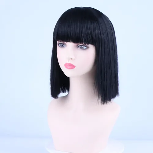 Vista 17 de Pelucas de disfraz de cosplay azul claro de 16 pulgadas para mujer, de 16 pulgadas, con flequillo lateral