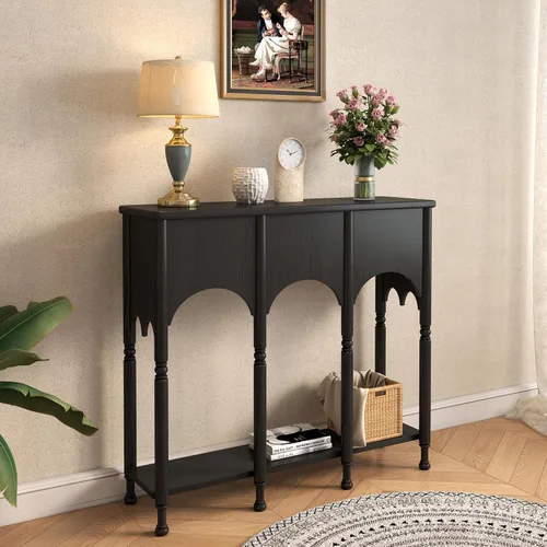 Vista 8 de Mesa consola con estante de almacenamiento, mesa de entrada pequeña y estrecha de 28 pulgadas Mesa de madera vintage con patas de estilo romano