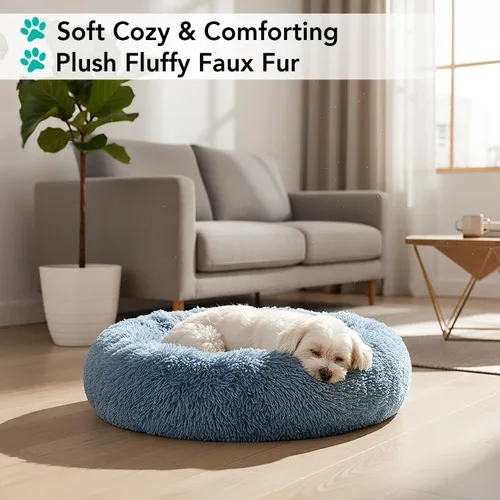 Vista 2 de PetAmi Cama calmante para perros y gatos pequeños y medianos, 23 camas redondas en forma de dona, cama lavable y esponjosa de piel sintética