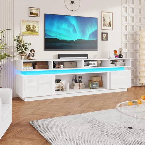 Vista 10 de chartustriable Soporte de TV LED para TV de 80 pulgadas, centro de entretenimiento alto moderno con tomas de corriente, soporte de TV de alto