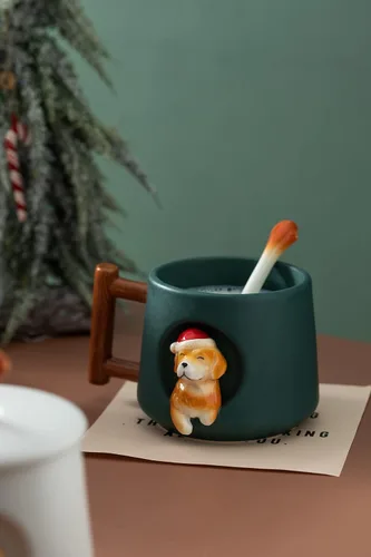 Vista 3 de DIHOclub Taza de café de cerámica con tapa y cuchara a juego, taza con patrón 3D Golden Retriever para té, leche y chocolate, bonita taza
