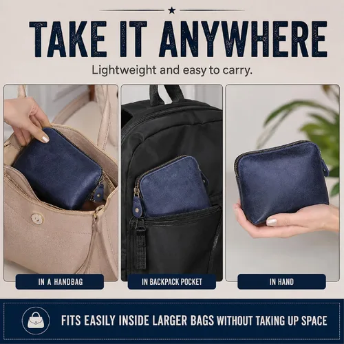 Vista 7 de Bolsas de Cosméticos de Cuero Azul Para Mujeres Juego de Viaje – Monedero con Cremallera Hecho a Mano Juego de Bolsas de Maquillaje Azul Pequeñas