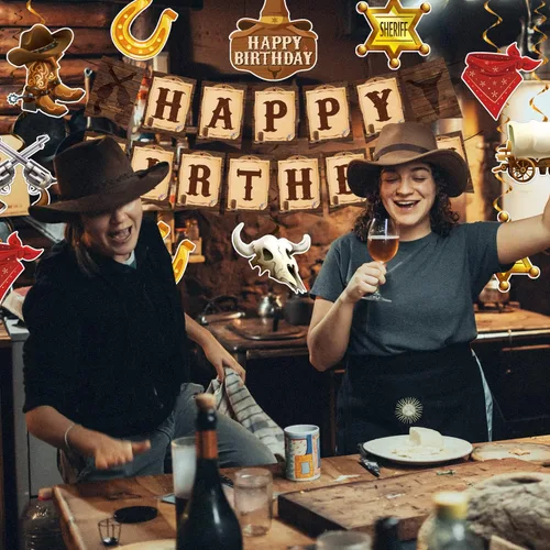 Vista 7 de Decoraciones de fiesta de vaquero, decoraciones de fiesta temática de vaquero incluyen pancartas de feliz cumpleaños de vaquero occidental
