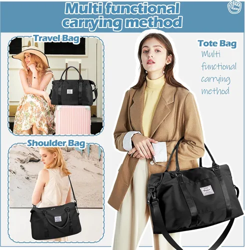 Vista 2 de Pequeña bolsa de gimnasio negra para mujer, elegante bolsa de viaje para avión, bolsa de lona ligera para mujeres y hombres, bolsa
