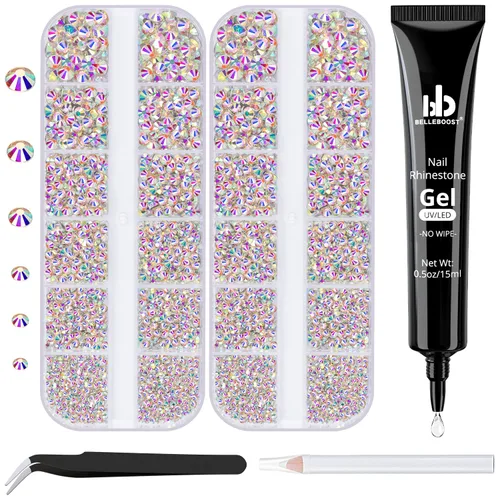 Vista 14 de Kit de pedrería para uñas BELLEBOOST, 15ml de pegamento de gel con strass + gemas coloridas + cristales de vidrio flatback AB y gemas transparentes
