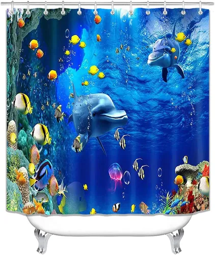 Vista 2 de OLEBETY - Juego de 4 cortinas de ducha con diseño de delfín, medusas de peces tropicales, algas marinas, vida marina, animales marinos, decoración