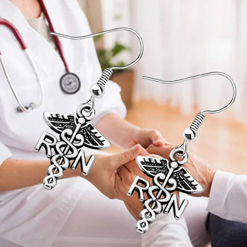 Vista 7 de WUSUANED Pendientes colgantes de gota para enfermera registrada RN Caduceus, joyería de enfermería, regalo de graduación para mujeres