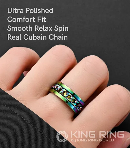 Vista 4 de King Ring Anillo giratorio de 0.315 pulgadas, anillo plano pulido fino para hombres y mujeres con cadena cubana, diseñado en Estados Unidos
