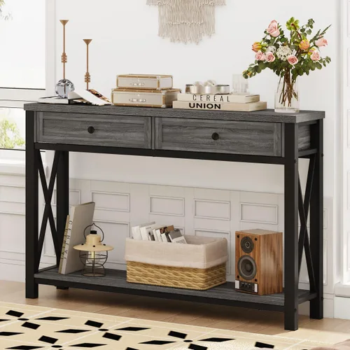 Vista 12 de Mesa de consola rústica detrás del sofá, mesa industrial de entrada con estantes, mesas de sofá de 3 niveles estilo granja para sala de estar, Roble
