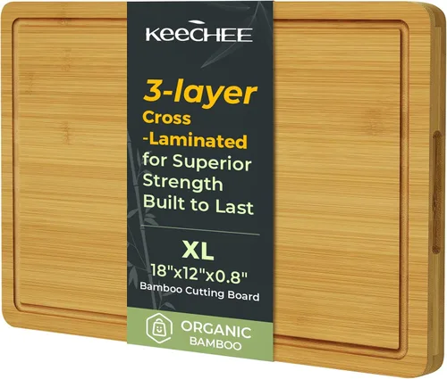 Vista 10 de Keechee Tabla de Cortar de Madera para Cocina - Juego de Regalo de 3 Tablas de Cortar Reversibles de Bambú con Ranura para Jugos, Tabla de Cortar