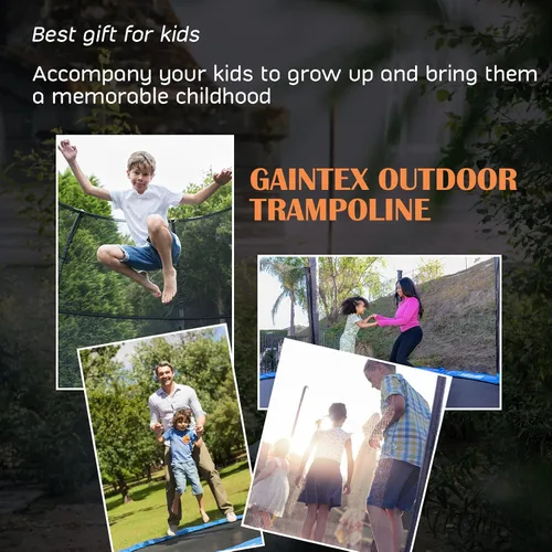 Vista 6 de Giantex Trampolín con aro de baloncesto, 8, 10, 12 pies, aprobado por la ASTM para todo tipo de clima, escalera recreativa al aire libre para niños