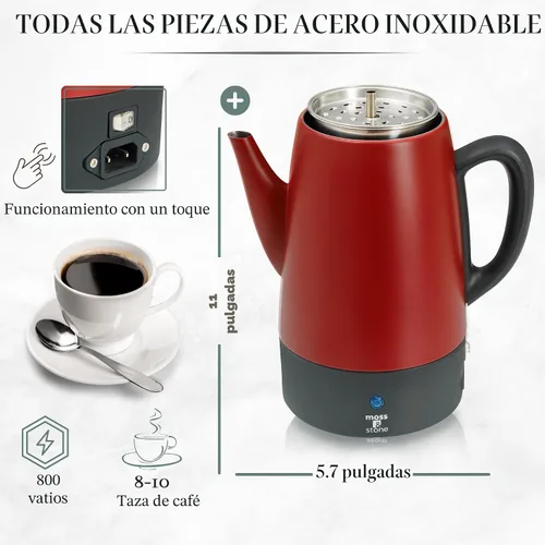 Vista 5 de Moss & Stone Percoladora de café eléctrica, cuerpo rojo con tapa de acero inoxidable, cafetera eléctrica percoladora, cafetera roja para campamento