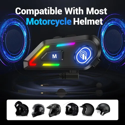 Vista 5 de Auriculares Bluetooth para casco con luces RGB para conductores, altavoces de casco con micrófonos duales, llamadas manos libres, música, IPX5