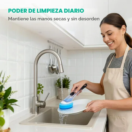 Vista 7 de Varita para platos con asa, 4 cabezales de esponja de repuesto antiarañazos Azul