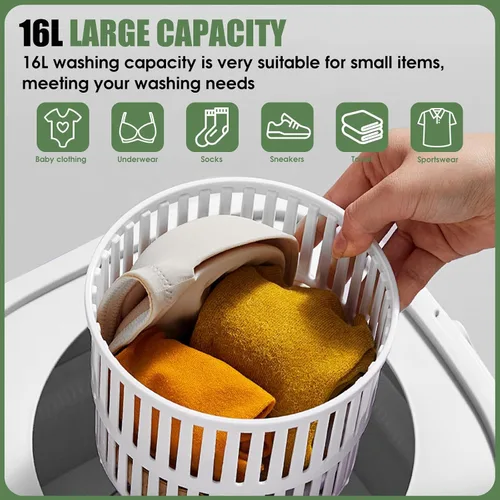 Vista 3 de Lavadora portátil de 16 L, mini lavadora de lavandería, 3 modos con cesta giratoria, profundidad de limpieza, ropa interior, ropa de bebé, camisa