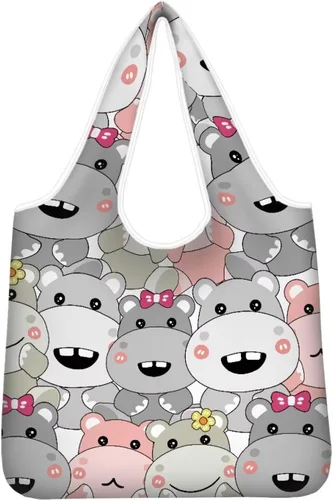 Vista 24 de Belidome Bolsa de comestibles con diseño de donas de ajolotl para compras, lavable, reutilizable, con bolsillo para asa