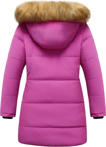 Vista 2 de CREATMO US Chaqueta de esquí larga con forro polar para niña con capucha de pelo grueso