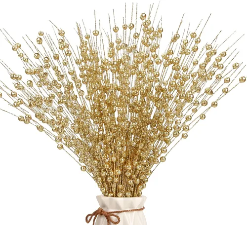 Vista 8 de 12 piezas de bayas artificiales con purpurina rosa, púas artificiales de Navidad con tallos de bayas para decoraciones de Navidad, palos falsos