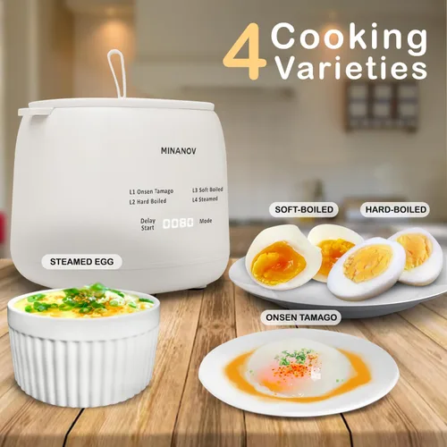 Vista 3 de Onsen Tamago - Olla eléctrica para huevos con apagado automático y alarma, máquina para hacer huevos duros, hervidos suaves, al vapor, Onsen Tamago