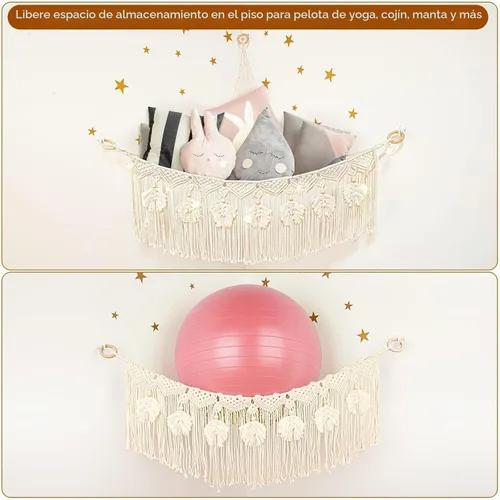 Vista 5 de ANROYE Hamaca de Red de Juguetes de Animales de Peluche de Macramé con Luz de Estrella, Almacenamiento Boho de Peluches Pequeños para Guardería