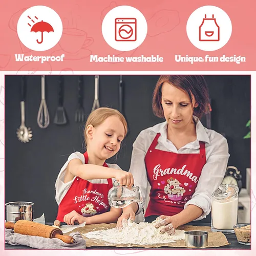 Vista 5 de Juego de 2 delantales a juego para adultos y niños, delantales divertidos para mamá y yo, delantal de cocina ajustable con 2 bolsillos