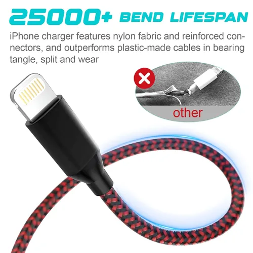 Vista 2 de Paquete de 3 cables de carga para iPhone de 6 pies con certificación MFi, trenzados, de carga rápida, duraderos y curvados de 25 K+ para iPhone