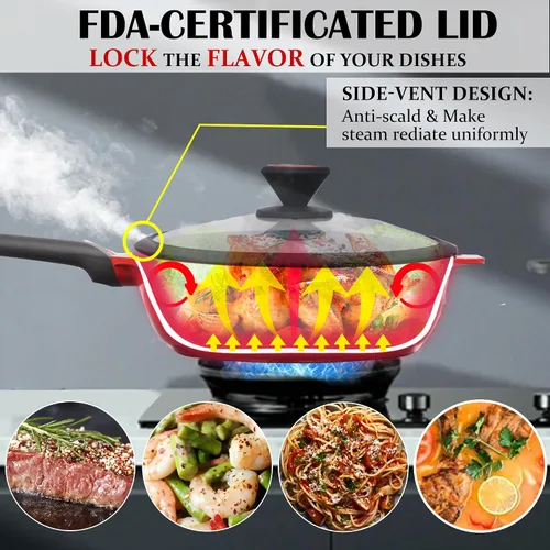 Vista 3 de Sartén antiadherente profunda con tapa, sartén de 12 pulgadas/5 cuartos de galón, sartén para saltear utensilios de cocina, compatible