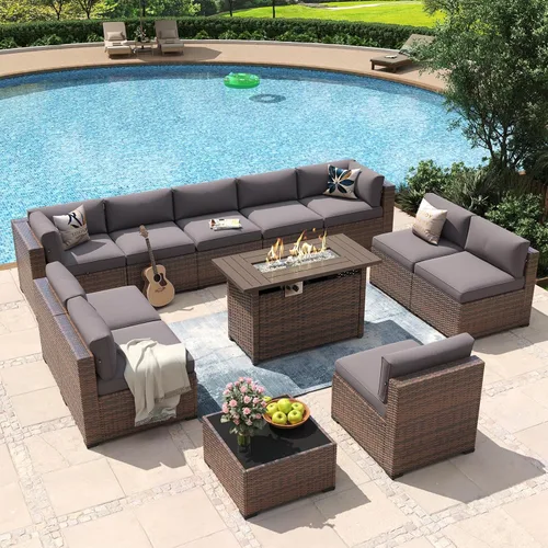 Vista 8 de Aoxun - Juego de 7 piezas de muebles de patio de mimbre de ratán, conjunto de sofá modular para conversación de patio con mesa de café y cojines
