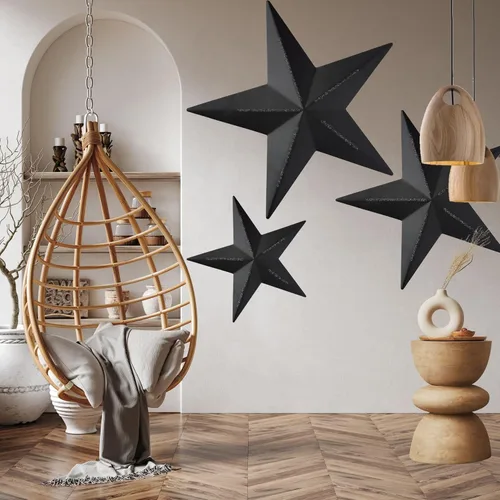 Vista 3 de Bellaa 24131 Barn Stars - Juego de 3 piezas de 12 pulgadas, 9 pulgadas, 6 pulgadas, rústico, negro, retro, arte para pared, diseño de Texas Western