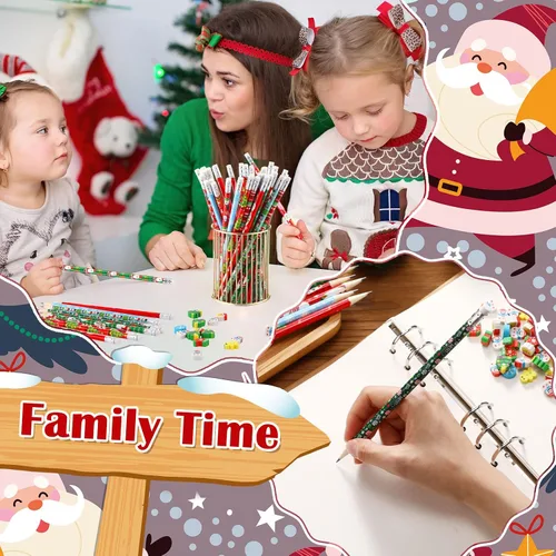 Vista 5 de Crtiin 72 lápices de Navidad y mini borradores a granel, lindo y divertido lápiz y borradores, hombre de jengibre, Papá Noel, muñeco de nieve